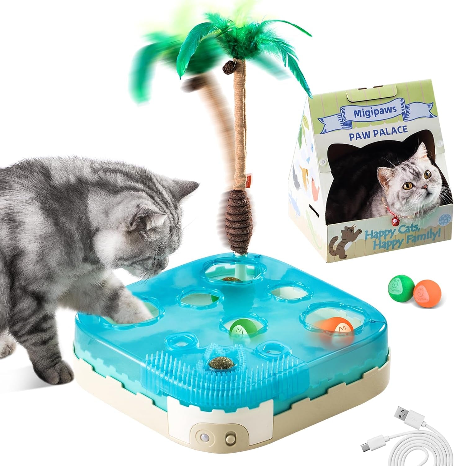 Cat Toy,7-In-1 Automatic Interactive Kitten Toys Pack,Rolling Ball,Cat Feather Wand,Catnip Ball,Cat Self Grommer,Cardboard Cat House,Rechargeable,Paw Palace for Indoor Cats